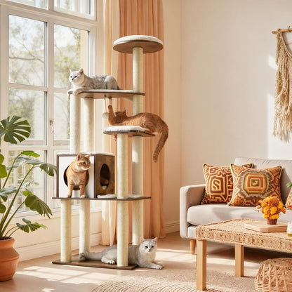 Deluxe 64.6-Inch Multi-Level Cat Tower with Five Scratching Posts and Plush Perches for Ultimate Feline Fun