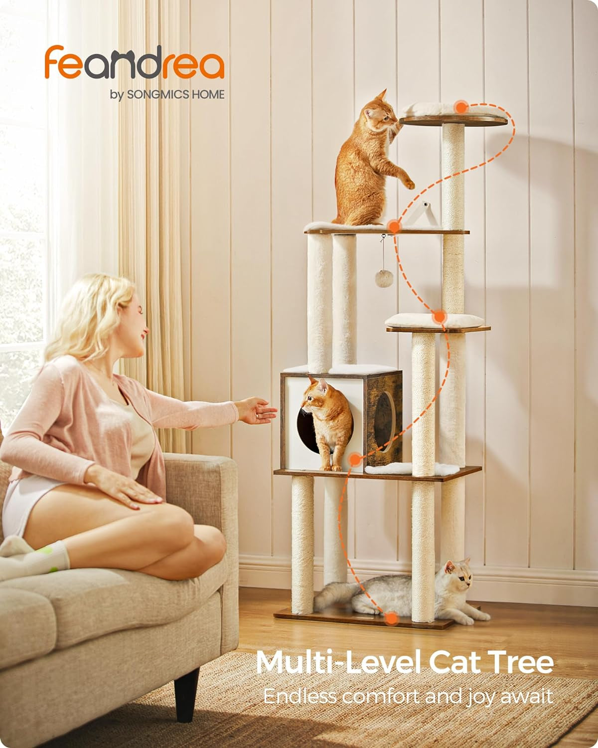 Deluxe 64.6-Inch Multi-Level Cat Tower with Five Scratching Posts and Plush Perches for Ultimate Feline Fun