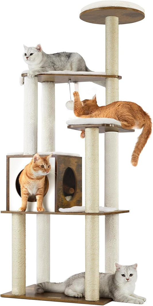 Deluxe 64.6-Inch Multi-Level Cat Tower with Five Scratching Posts and Plush Perches for Ultimate Feline Fun