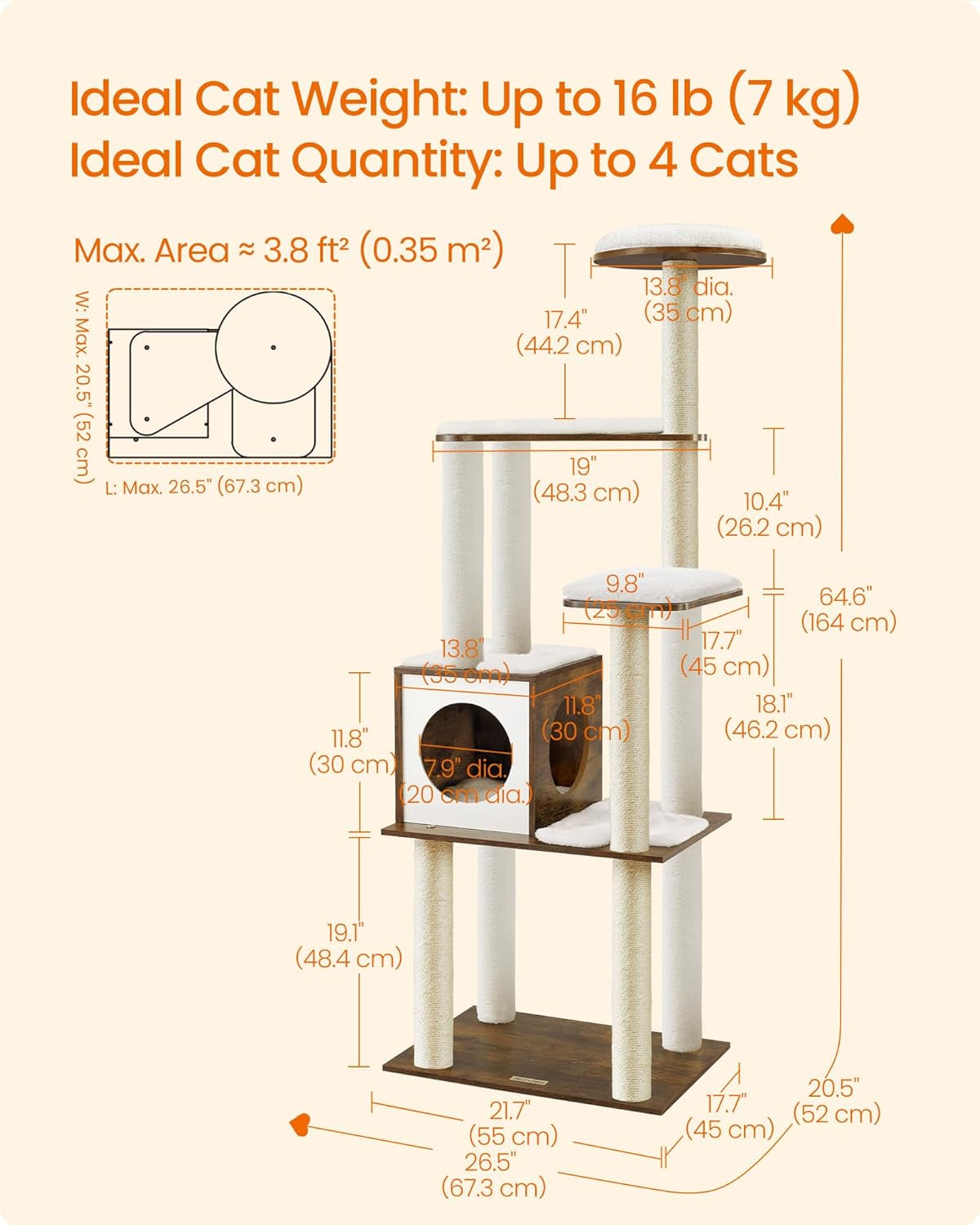 Deluxe 64.6-Inch Multi-Level Cat Tower with Five Scratching Posts and Plush Perches for Ultimate Feline Fun
