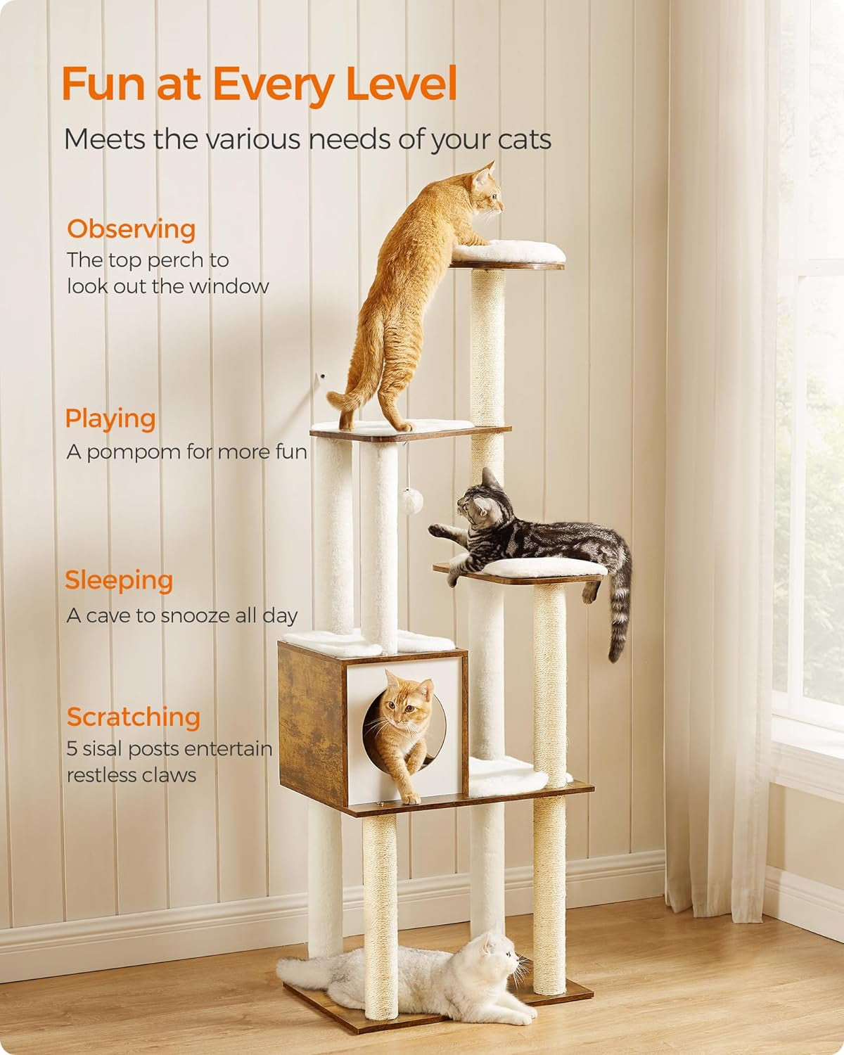 Deluxe 64.6-Inch Multi-Level Cat Tower with Five Scratching Posts and Plush Perches for Ultimate Feline Fun