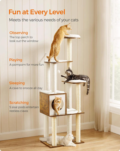 Deluxe 64.6-Inch Multi-Level Cat Tower with Five Scratching Posts and Plush Perches for Ultimate Feline Fun